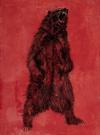 Painting of a roaring black bear on a red background
